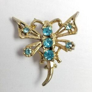 Vintage Little Blue Rhinestone Shaped Brooch, Gold Tone Insect Butterfly Moth